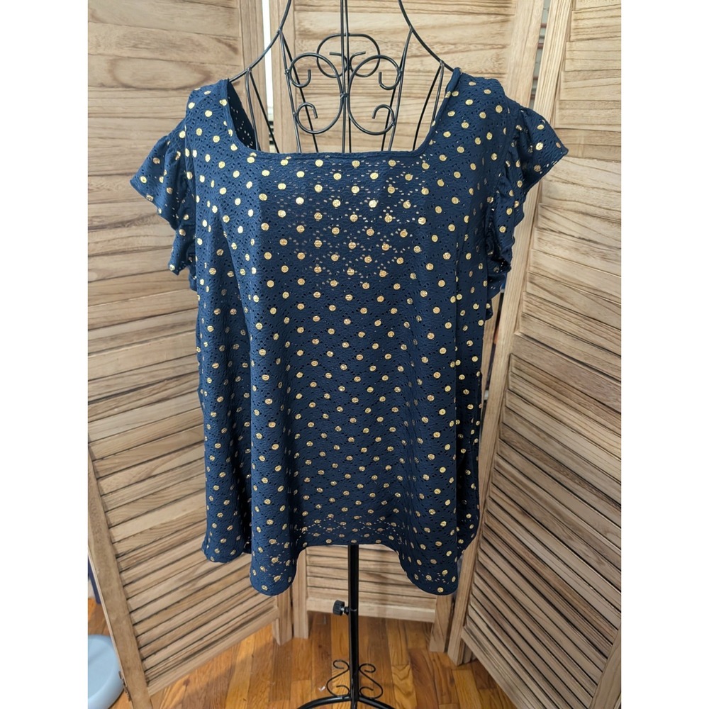 Zac & Rachel Blouse Women 2X Blue Gold Polka Dot Short Sleeve Pullover Perforate